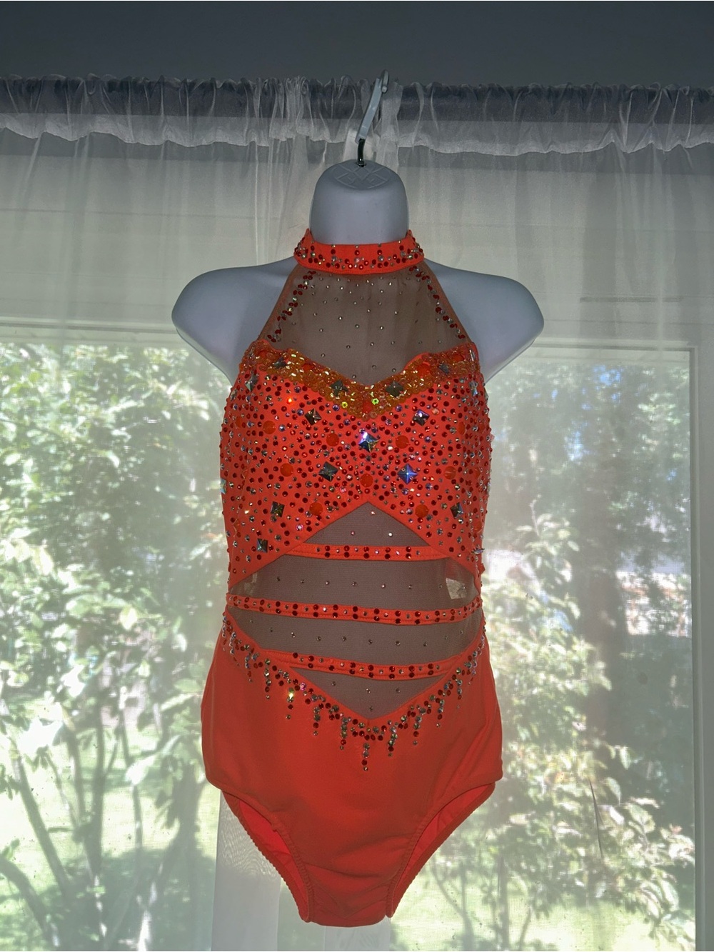 Glamour Orange Rhinestone Halter One-Piece Dance Costume